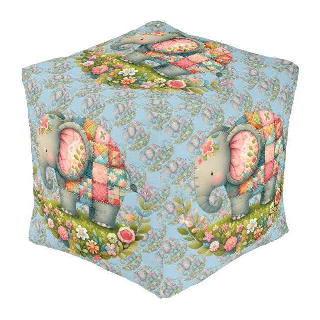 Patchwork Elephant Floral Meadow Charm Pouf (Angled Front)