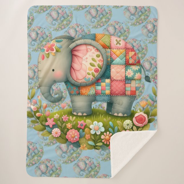 Patchwork Elephant Floral Meadow Charm Sherpa Blanket (Front)
