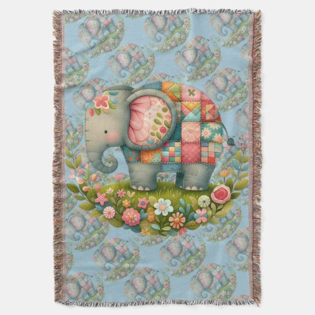 Patchwork Elephant Floral Meadow Charm Throw Blanket (Front Vertical)
