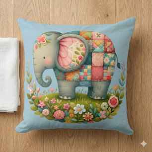 Patchwork Elephant Floral Meadow Charm Throw Pillow