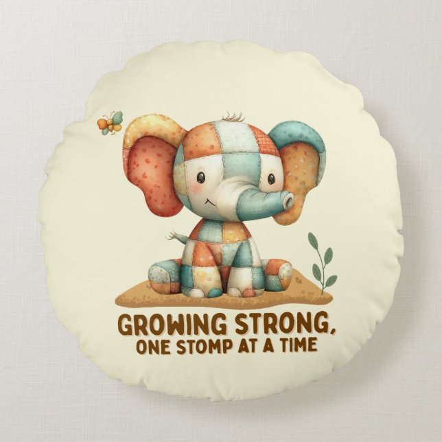 Patchwork Elephant “Growing Strong Round Pillow (Front)