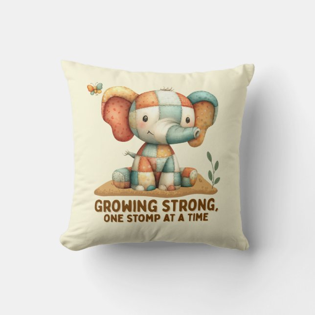 Patchwork Elephant “Growing Strong Throw Pillow (Front)