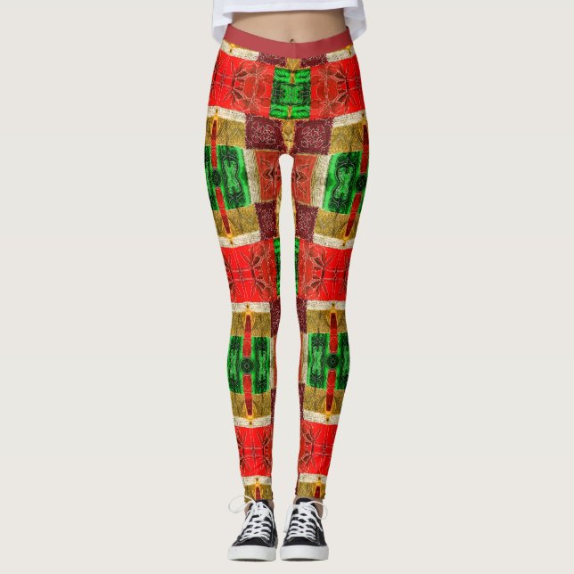 Patchwork Fabric Print Orange Green Gold Stylish Leggings (Front)