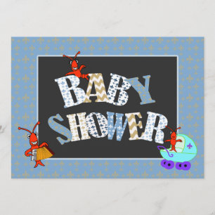Patchwork Fleur de Lis Crawfish Baby Shower Boy Invitation