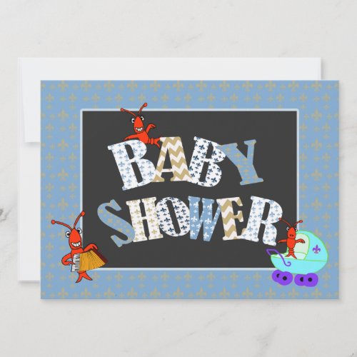 Patchwork Fleur de Lis Crawfish Baby Shower Boy Invitation