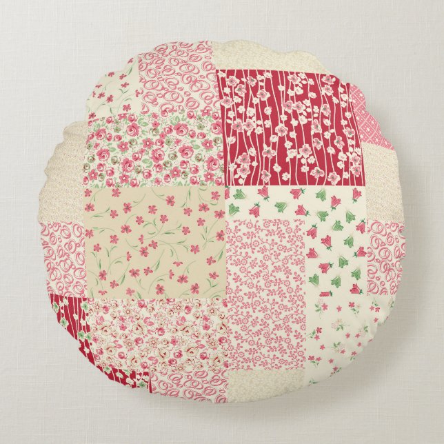 Patchwork Floral: Hand Drawn Ornaments. Round Pillow (Front)