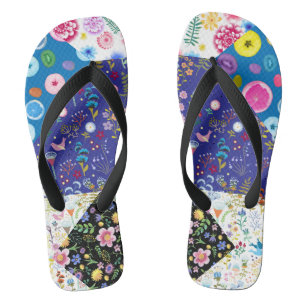 Patchwork floral pattern on a black background. Ve Flip Flops