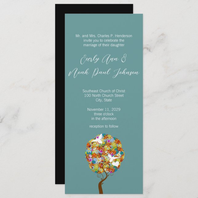 Patchwork Flower Tree and Bees Wedding Invitation (Front/Back)