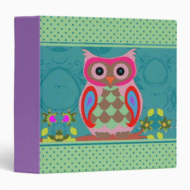 Patchwork Folk Art Owl and Dots 3 Ring Binder (Front/Spine)