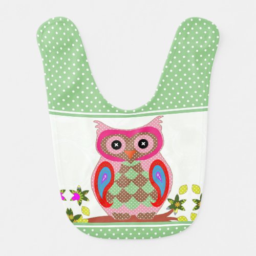 Patchwork Folk Art Owl and Dots Baby Bib