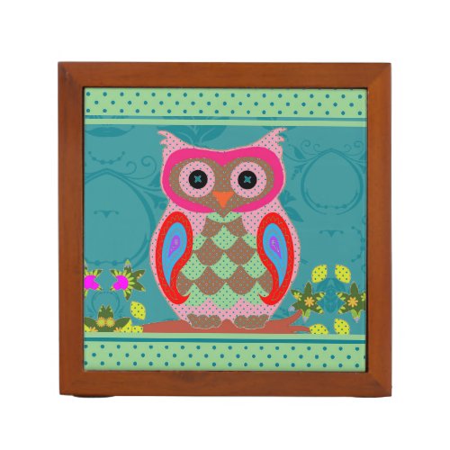 Patchwork Folk Art Owl and Dots Desk Organizer