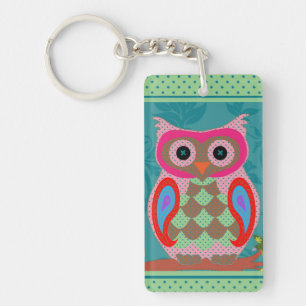 Patchwork Folk Art Owl and Dots Keychain