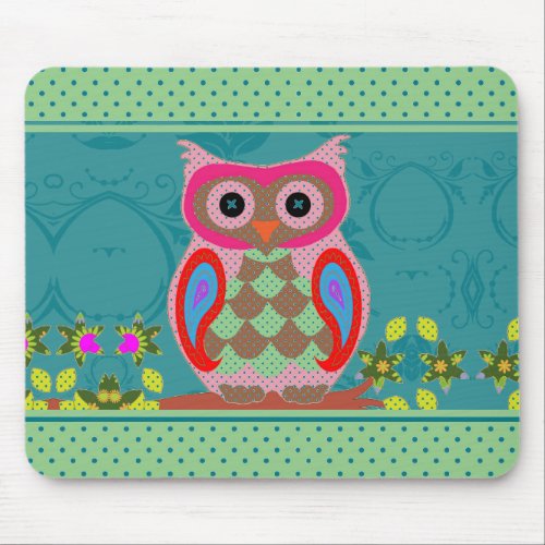 Patchwork Folk Art Owl and Dots Mouse Pad