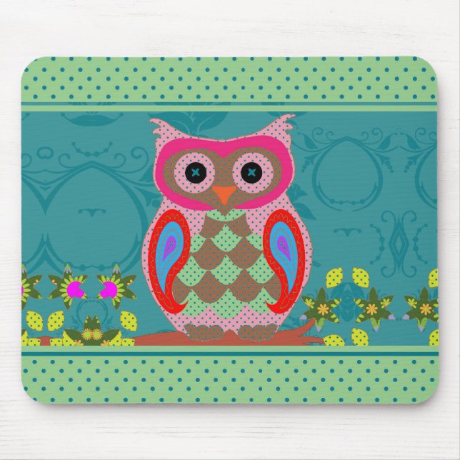 Patchwork Folk Art Owl and Dots Mouse Pad (Front)