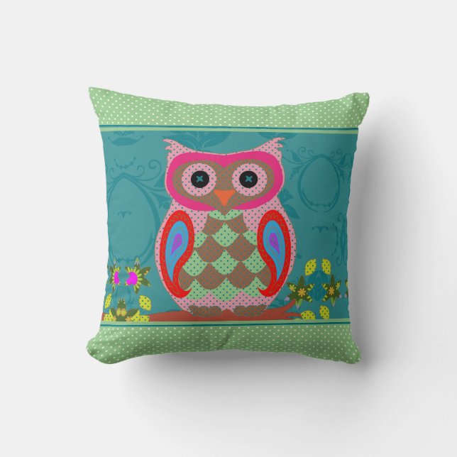 Patchwork Folk Art Owl and Dots Throw Pillow (Front)