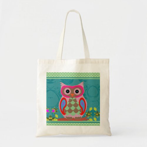 Patchwork Folk Art Owl and Dots Tote Bag