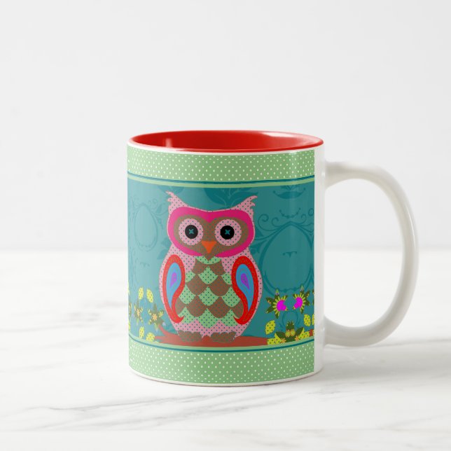 Patchwork Folk Art Owl and Dots Two-Tone Coffee Mug (Right)