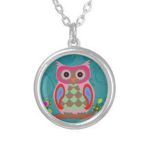 Patchwork Folk Art Owl Silver Plated Necklace