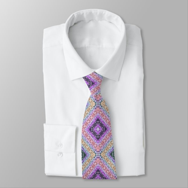 Patchwork folk retro ornamental decor violet gray neck tie (Tied)