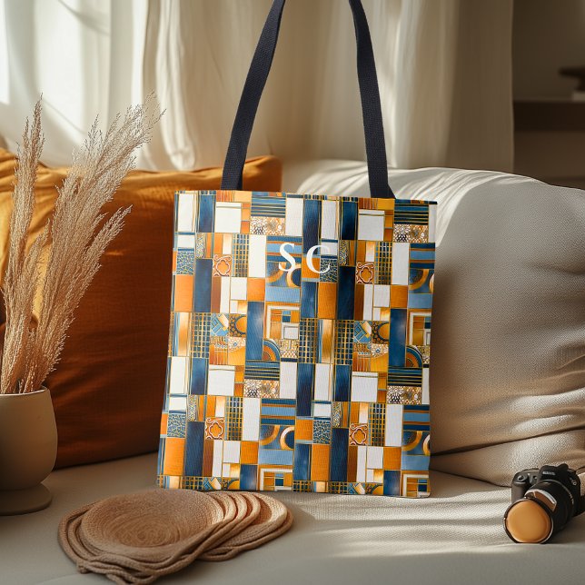 Patchwork Geometric Autumn with Orange and Blue Tote Bag (Creator Uploaded)