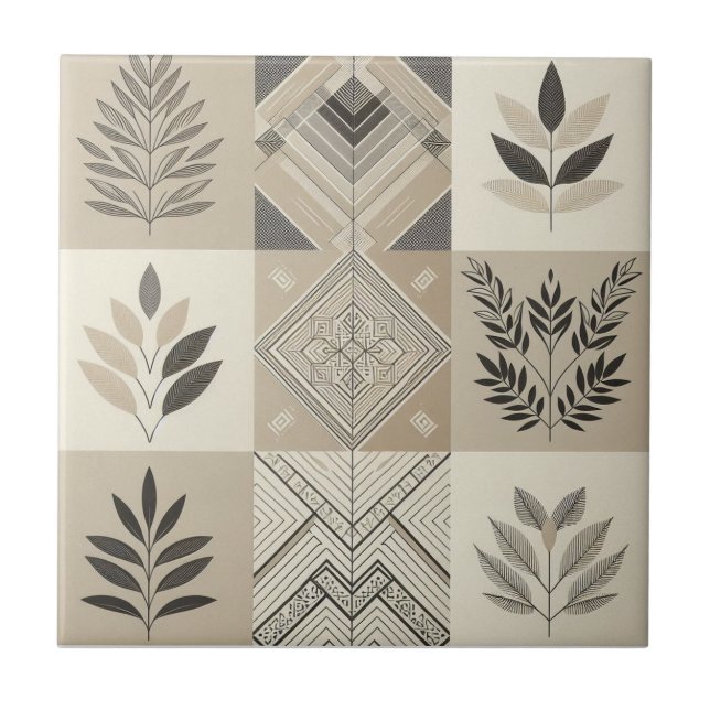 Patchwork Geometric Oatmeal Vintage Leaf Ceramic Tile (Front)