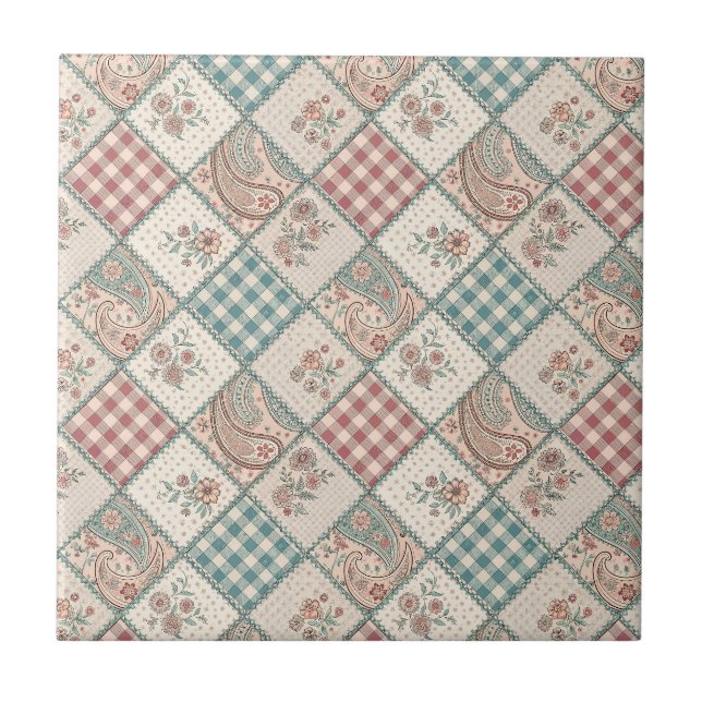 Patchwork Gingham & Quilted Paisley Checkered Art Ceramic Tile (Front)