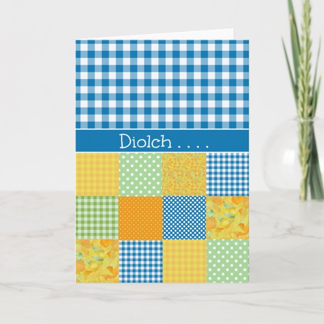 Patchwork, Gingham Thank You Card: Welsh Greeting Card (Front)