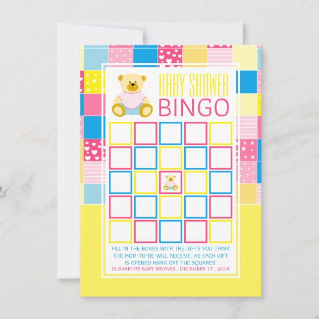 Patchwork Gold Bear, Baby Shower Bingo (Front)
