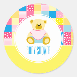 Patchwork Gold Bear, Baby Shower Classic Round Sticker