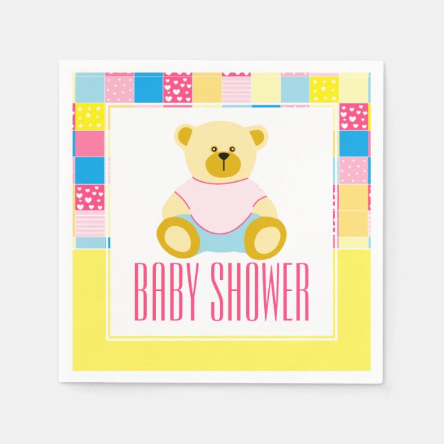 Patchwork Gold Bear, Baby Shower Napkins (Front)