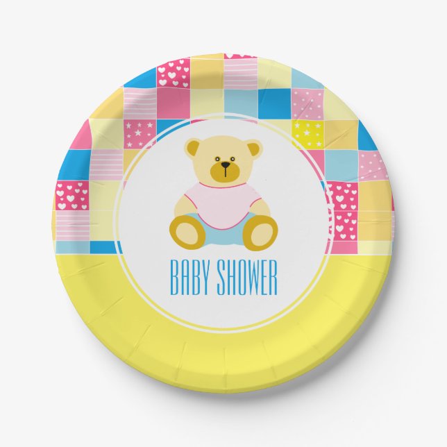Patchwork Gold Bear, Baby Shower Paper Plates (Front)