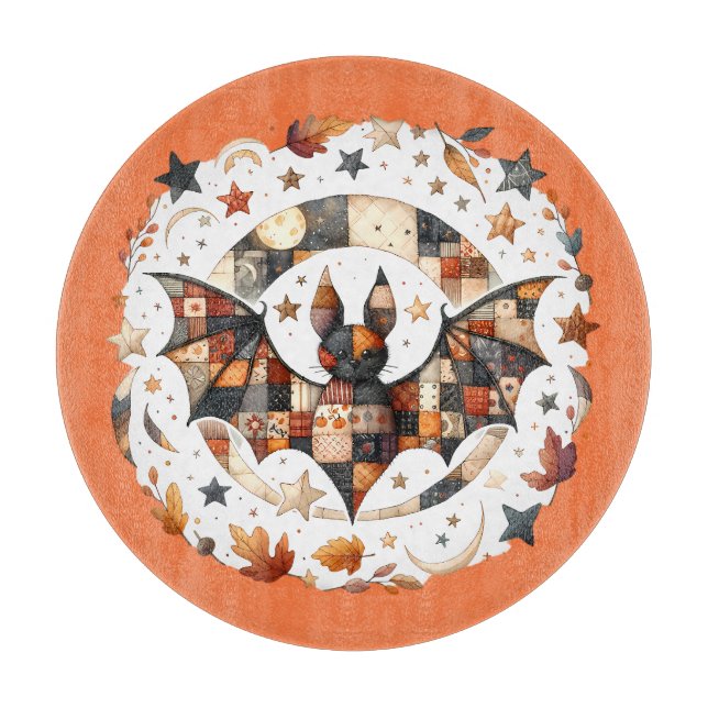 Patchwork Halloween Bat in Autumn Colors Cutting Board (Front)