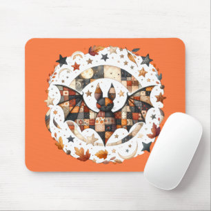Patchwork Halloween Bat in Autumn Colors Mouse Pad