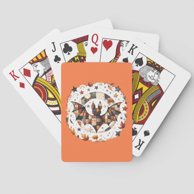 Patchwork Halloween Bat in Autumn Colors Poker Cards (Back)