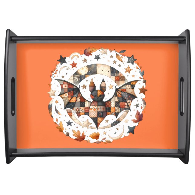 Patchwork Halloween Bat in Autumn Colors Serving Tray (Front)