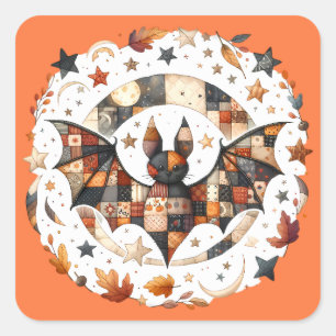 Patchwork Halloween Bat in Autumn Colors Square Sticker