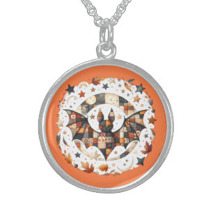 Patchwork Halloween Bat in Autumn Colors Sterling Silver Necklace