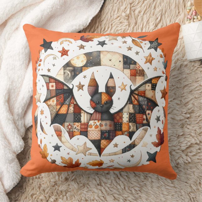 Patchwork Halloween Bat in Autumn Colors Throw Pillow (Blanket)
