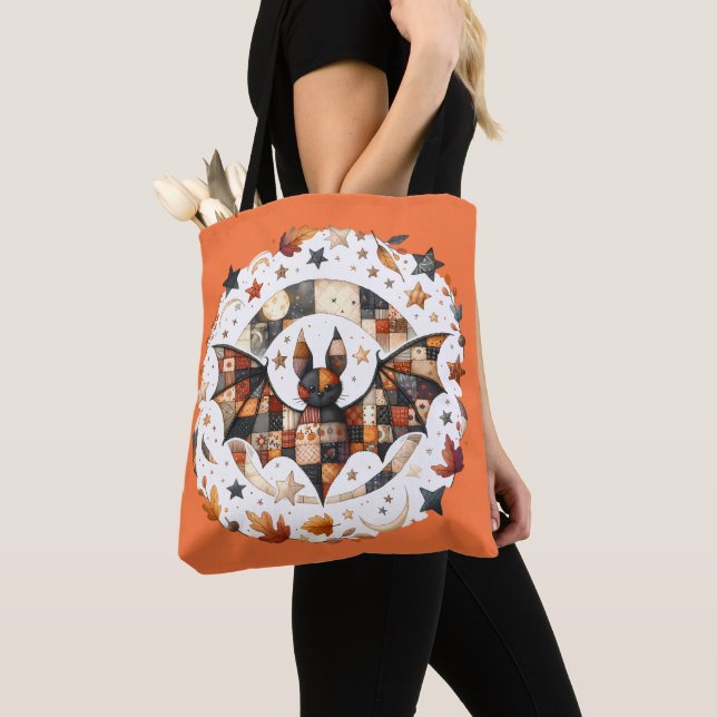 Patchwork Halloween Bat in Autumn Colors Tote Bag (Close Up)