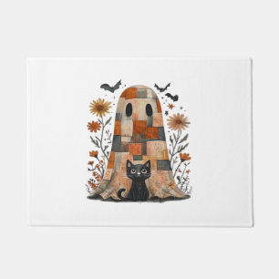 Patchwork Halloween Ghost and Cat , Retro Spooky F Doormat