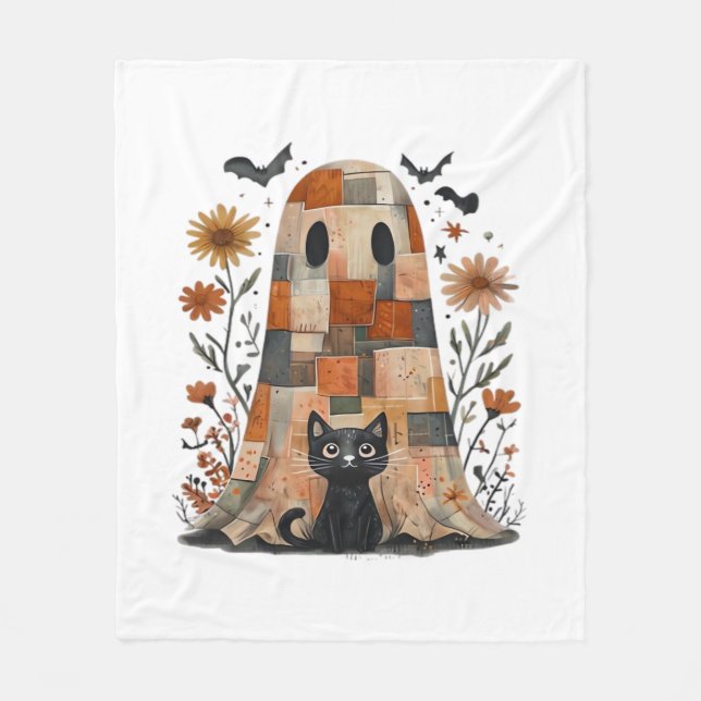 Patchwork Halloween Ghost and Cat , Retro Spooky F Fleece Blanket (Front)