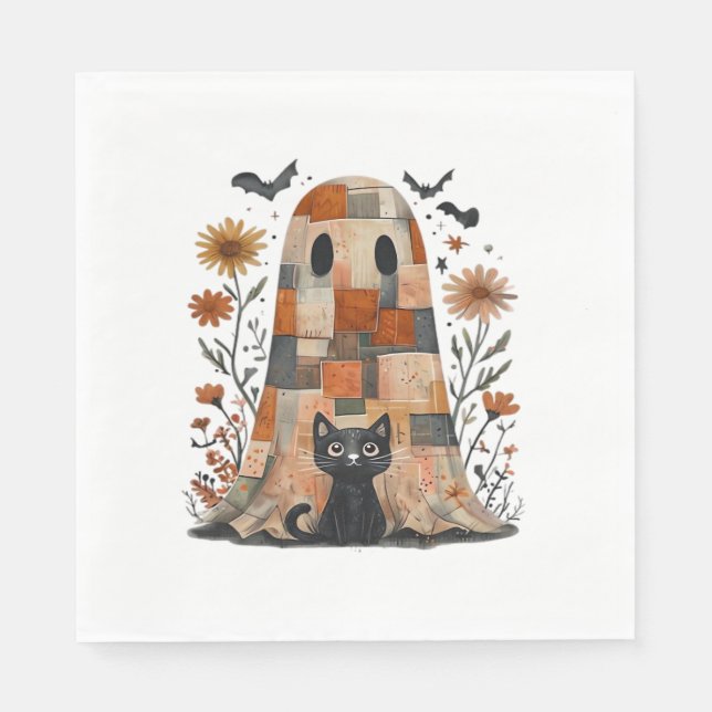 Patchwork Halloween Ghost and Cat , Retro Spooky F Napkins (Front)