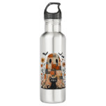 Patchwork Halloween Ghost and Cat , Retro Spooky F Stainless Steel Water Bottle