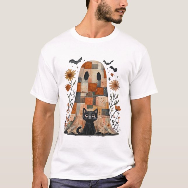Patchwork Halloween Ghost and Cat , Retro Spooky F T-Shirt (Front)