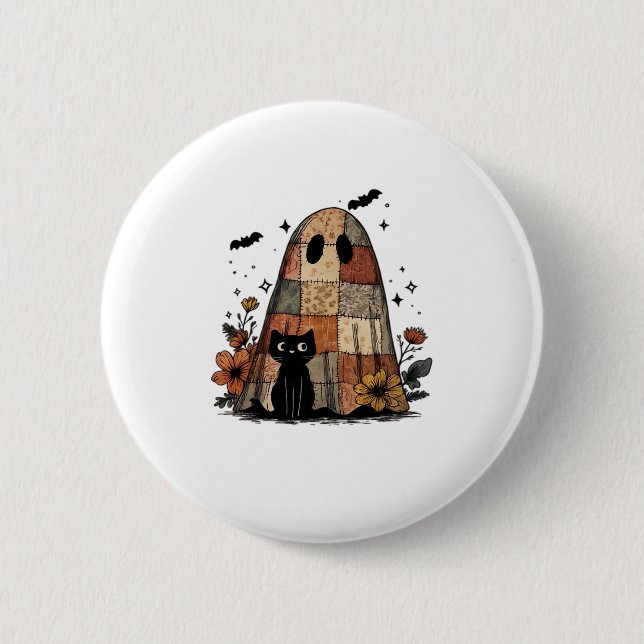 Patchwork Halloween Ghost black cat Essential T-Sh Button (Front)