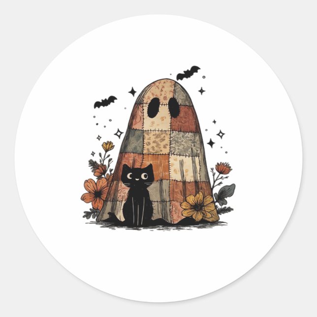 Patchwork Halloween Ghost black cat Essential T-Sh Classic Round Sticker (Front)