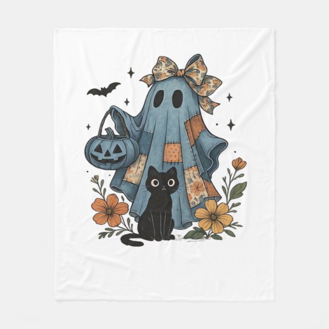 Patchwork Halloween Ghost black Cat Essential T-Sh Fleece Blanket (Front)