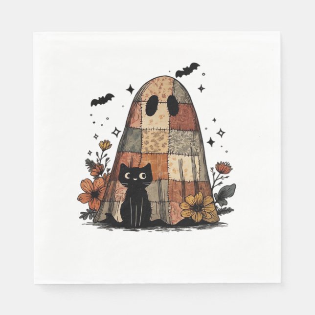 Patchwork Halloween Ghost black cat Essential T-Sh Napkins (Front)