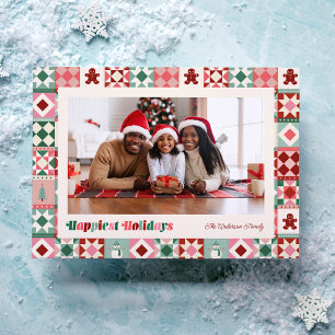 Patchwork Happiest Holidays Pink Red Green Photo Holiday Card