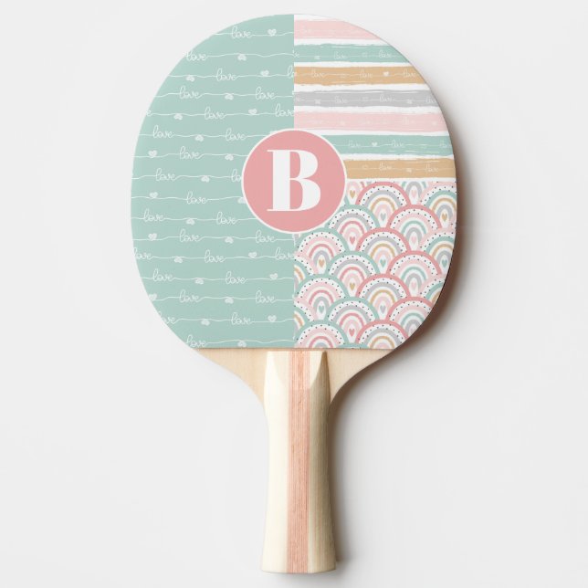 Patchwork Heart Rainbow Monogram Ping Pong Paddle (Front)